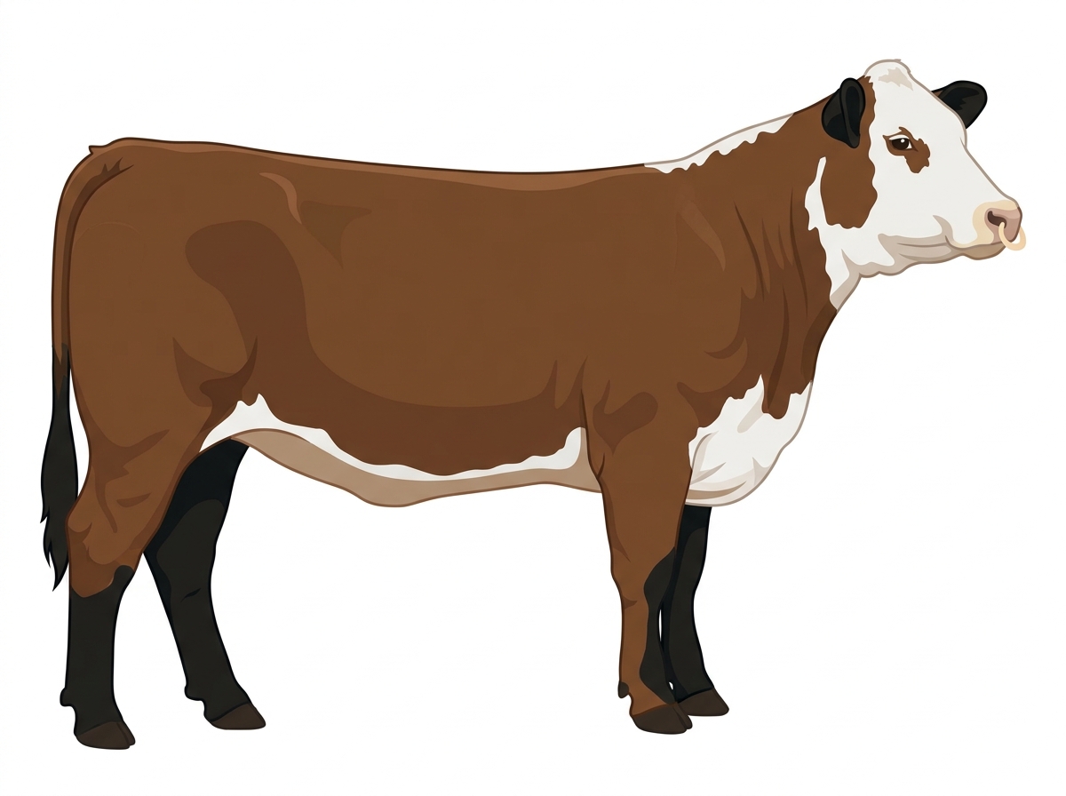 Brown with black points and a pale muzzle ring and lighter underline Hereford Cross Heifer