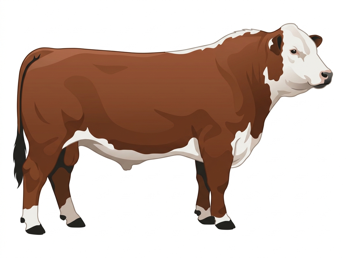 Brown with black points and a partial white face Hereford Cross Bull