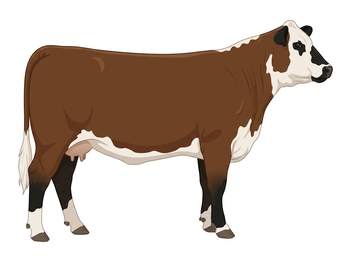 Brown with black points and a partial white face Hereford Cross Cow