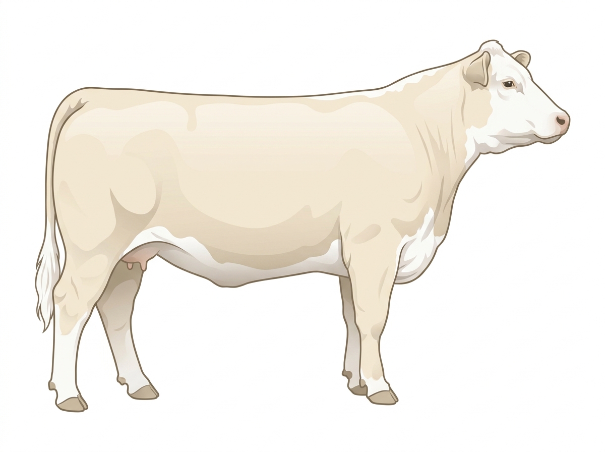 Cream with a pale muzzle ring and lighter underline and a partial white face Hereford Cross Cow
