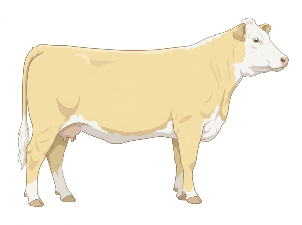 Cream with a pale muzzle ring and lighter underline and a white face Hereford Cross Cow