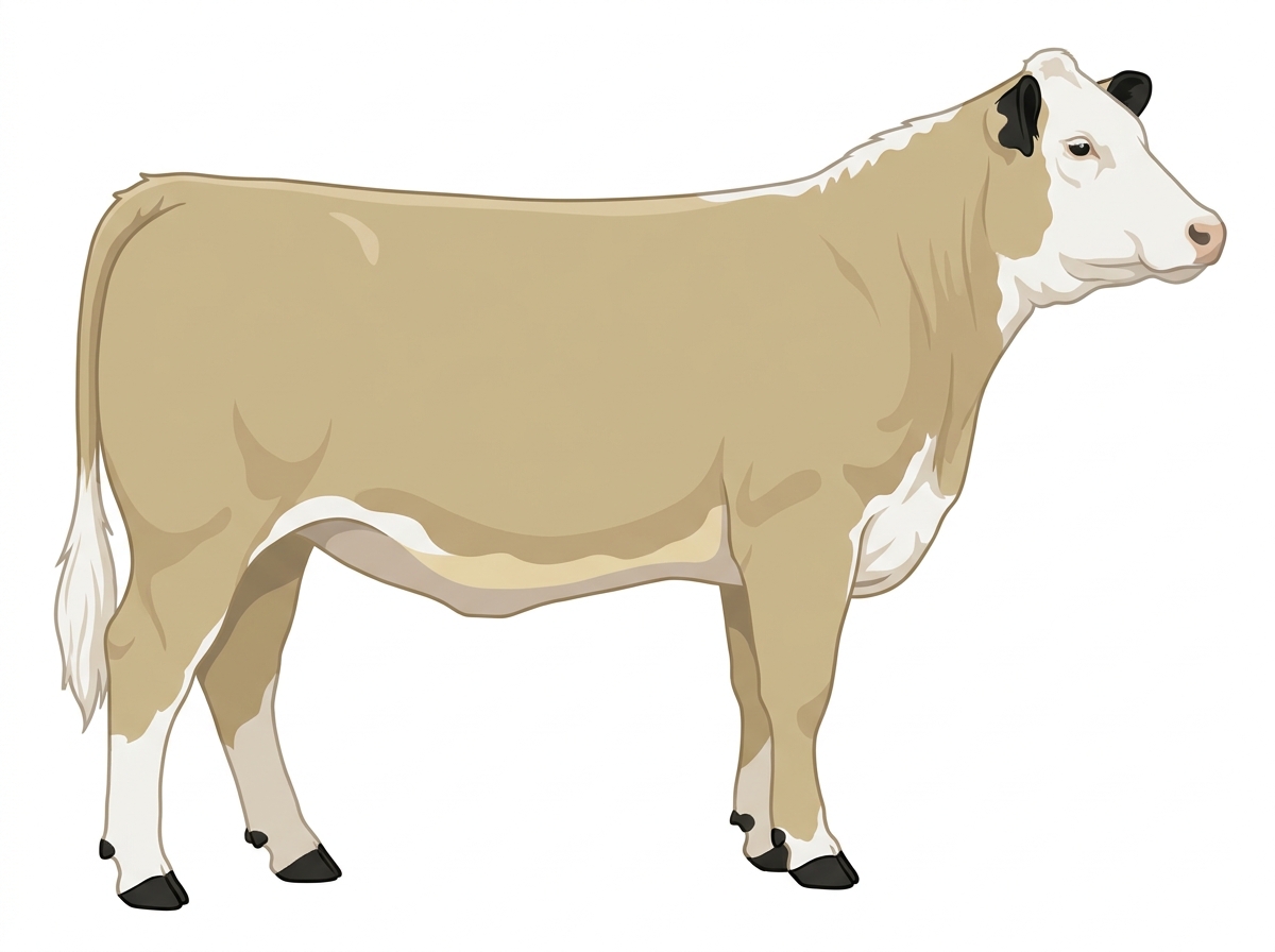 Cream with black points, a pale muzzle ring and lighter underline and a white face Hereford Cross Heifer