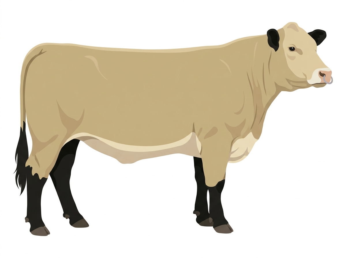 Cream with black points and a pale muzzle ring and lighter underline Hereford Cross Cow