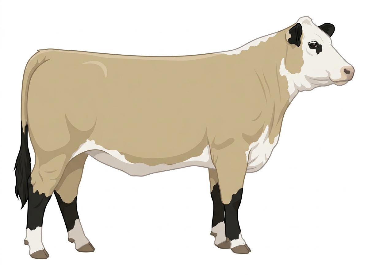 Cream with black points and a pale muzzle ring and lighter underline Hereford Cross Heifer