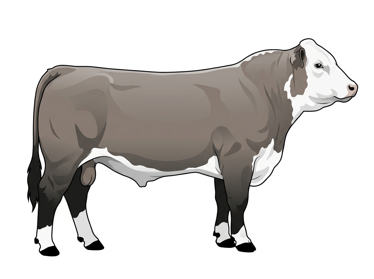Gray with black points and a white face Hereford Cross Bull