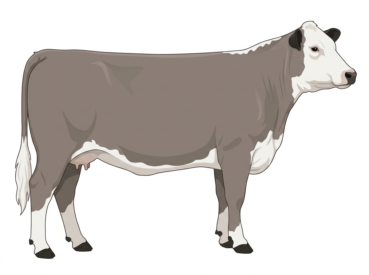 Gray with black points and a white face Hereford Cross Cow