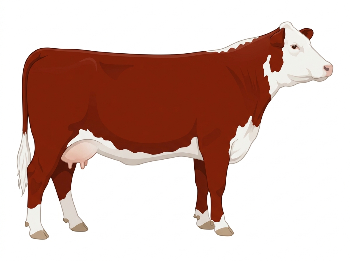Red with a full white face, white brisket and underline Hereford Cross Cow