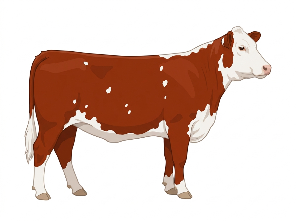 Red with a white face and white spots Hereford Cross Cow