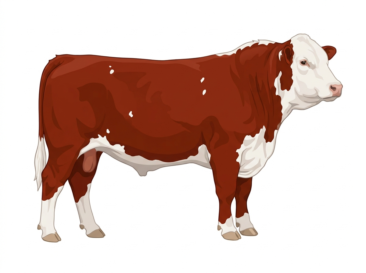 Red with a full white face, white brisket, underline and legs and a few white spots Hereford Bull