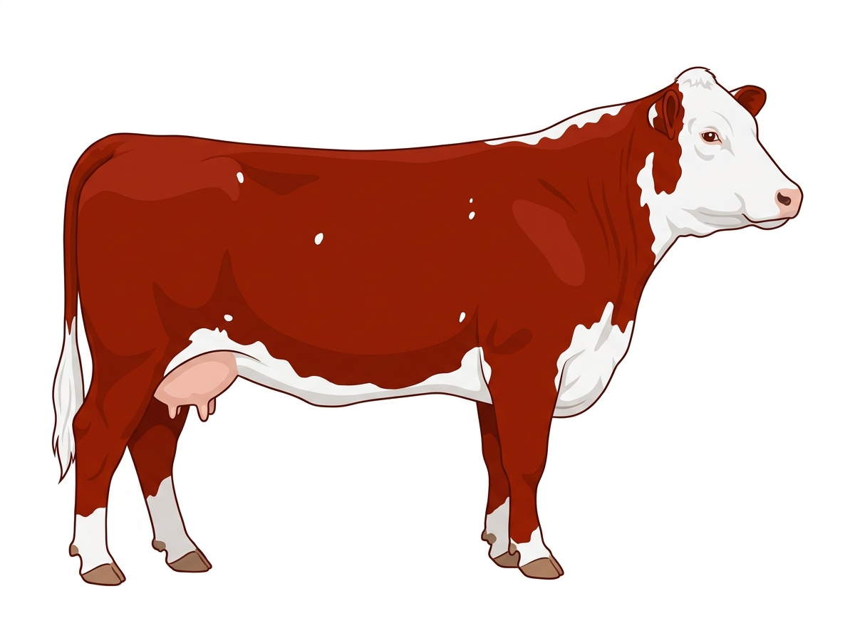 Red with a full white face, white brisket, underline and legs and a few white spots Hereford Cow