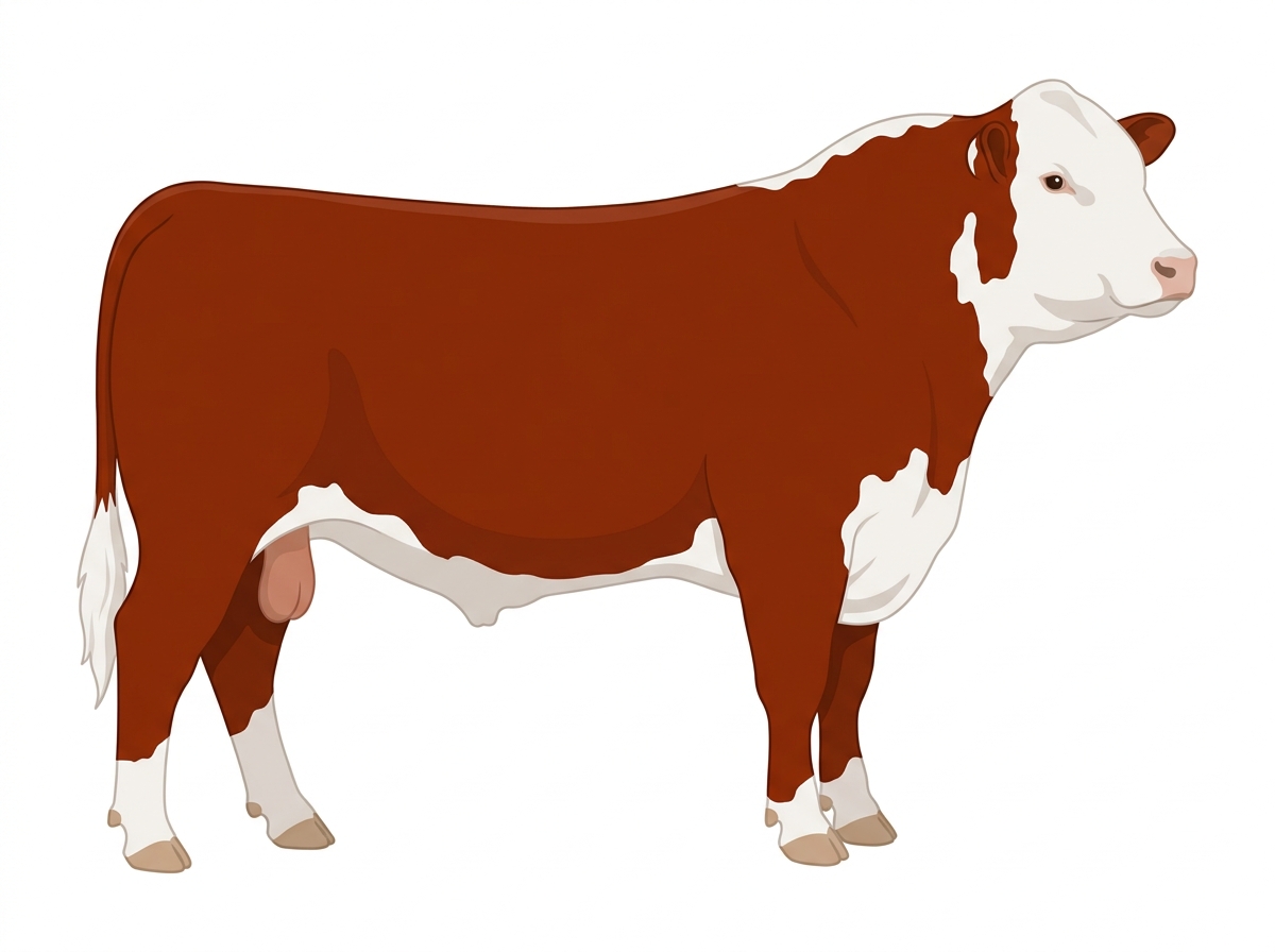 Red with a full white face, white brisket, underline and legs Hereford Bull