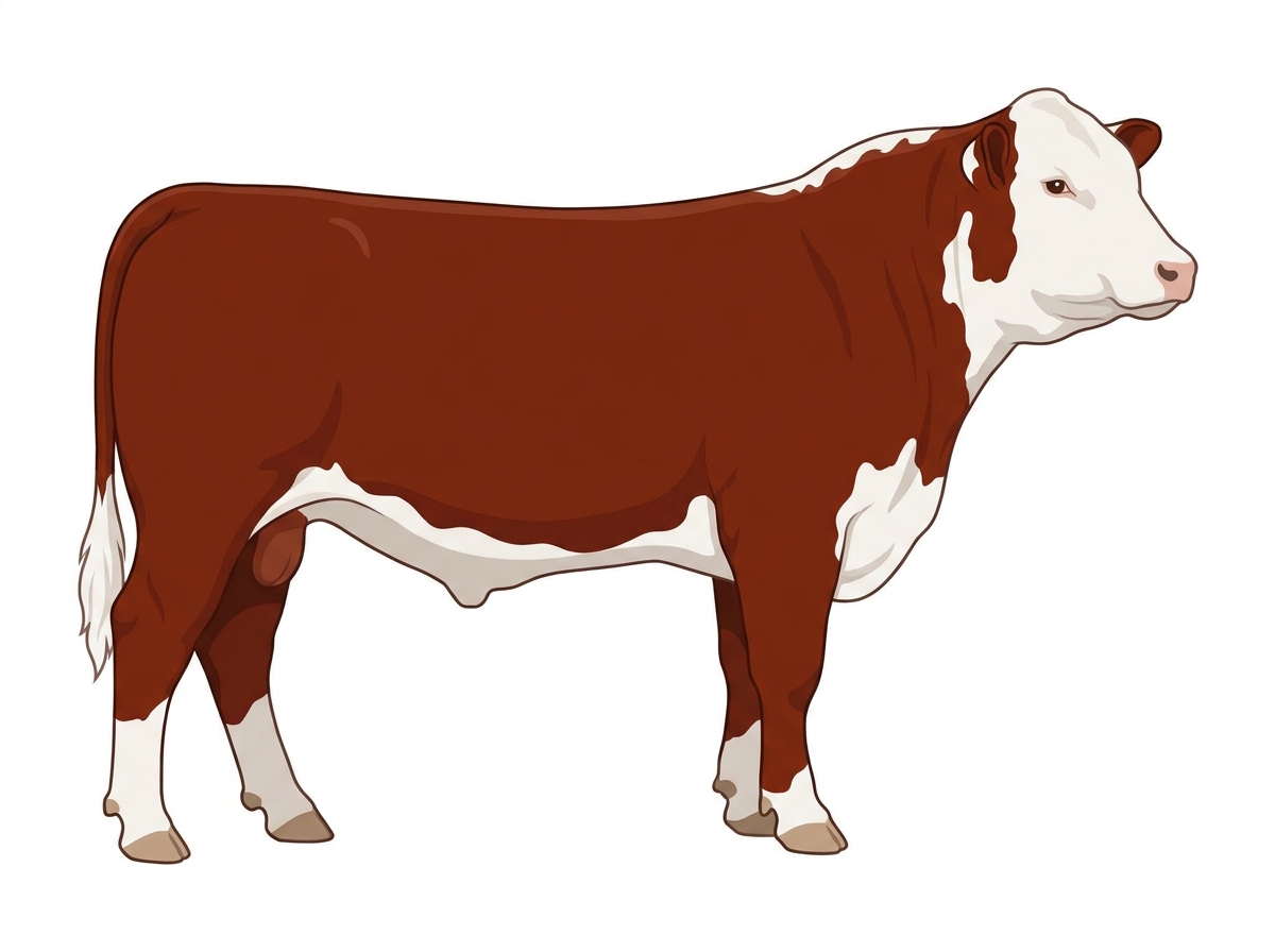 Red with a full white face, white brisket, underline and legs Hereford Steer