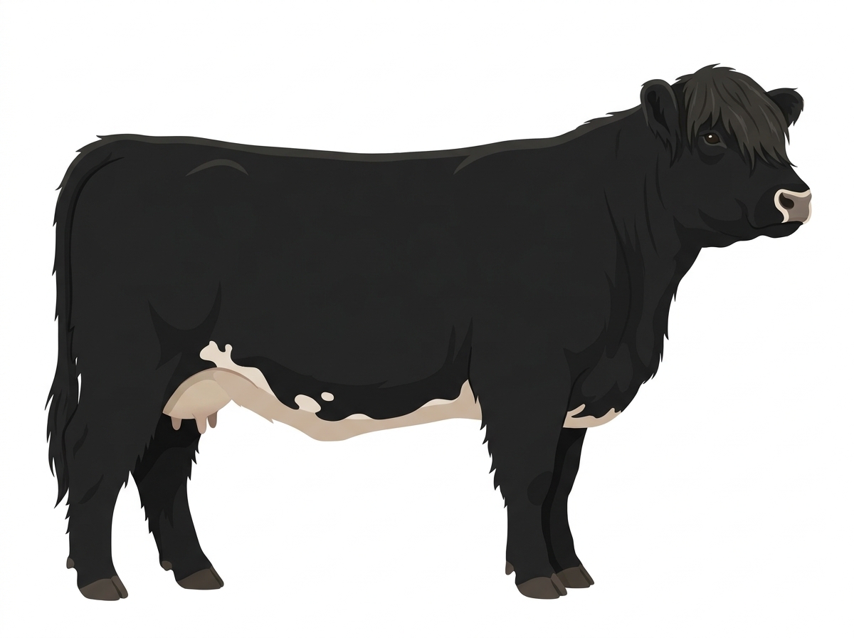 Black with a pale muzzle ring and lighter underline and a few white spots Highlander Cow