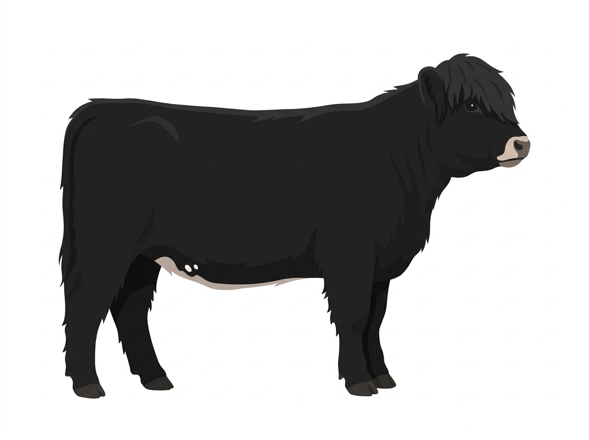 Black with a pale muzzle ring and lighter underline and a few white spots Highlander Heifer