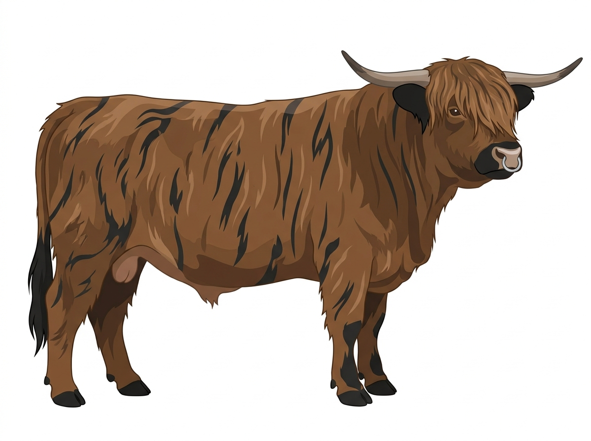 Brown brindle with black stripes, black points and a pale muzzle ring and lighter underline Highlander Bull