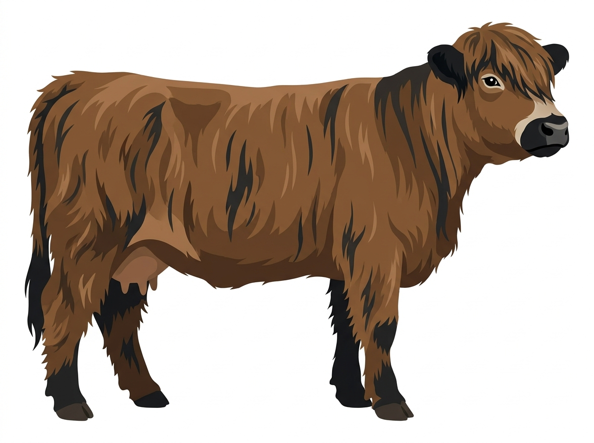 Brown brindle with black stripes, black points and a pale muzzle ring and lighter underline Highlander Cow