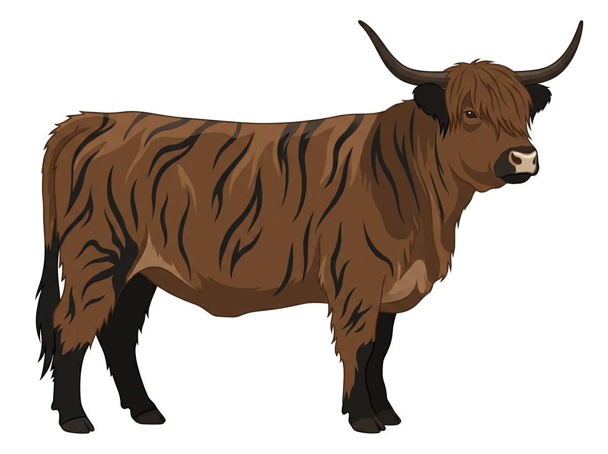 Brown brindle with black stripes, black points and a pale muzzle ring and lighter underline Highlander Heifer