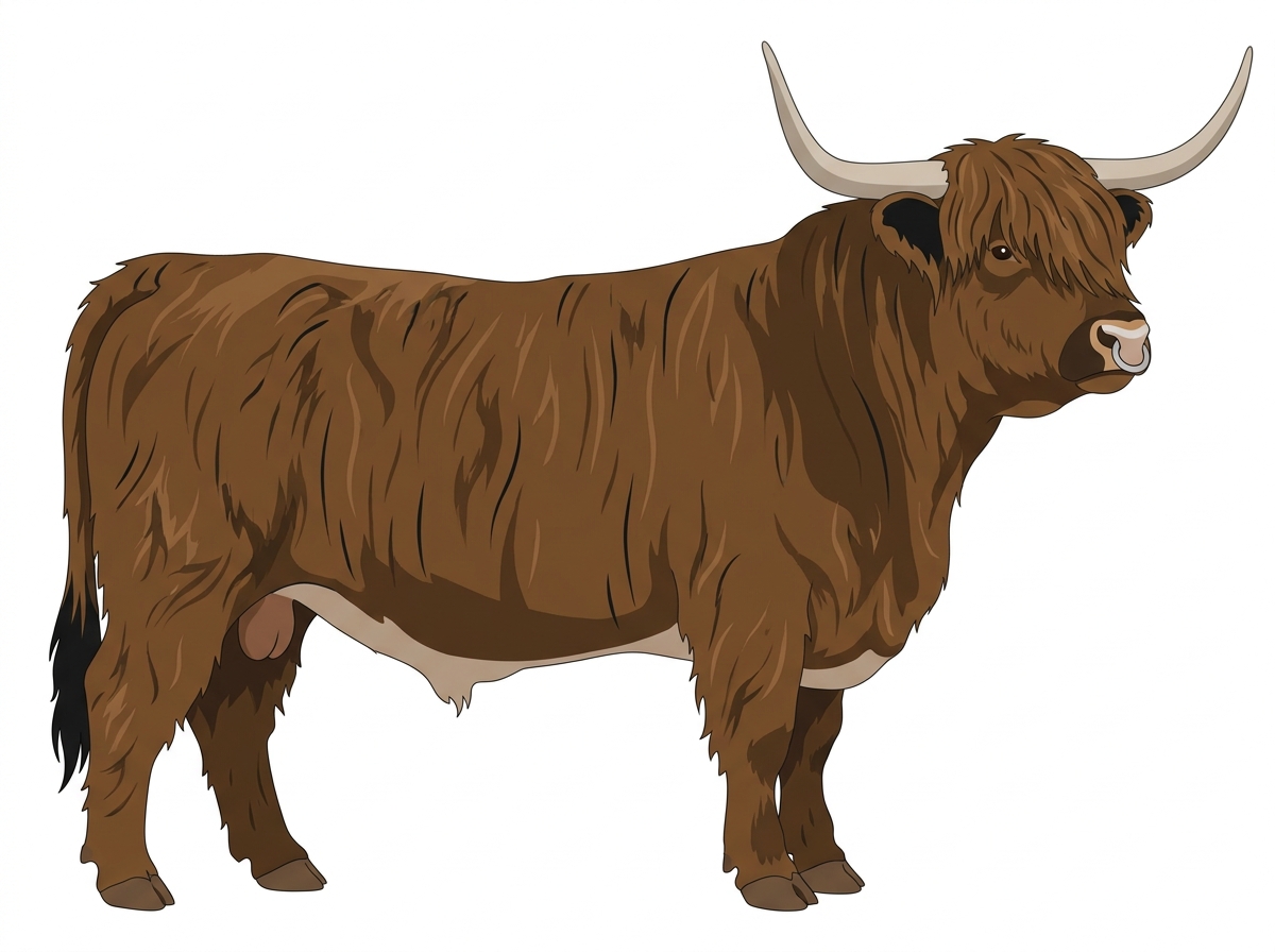 Brown brindle with faint black striping, black points and a pale muzzle ring and lighter underline Highlander Bull