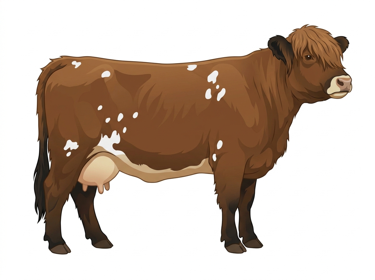 Brown with black points, a pale muzzle ring and lighter underline and white spots Highlander Cow