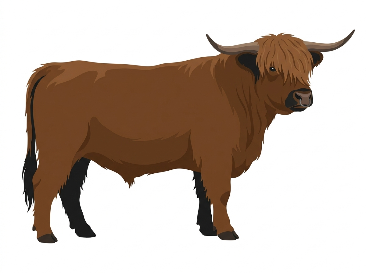 Brown with black points and a pale muzzle ring and lighter underline Highlander Bull