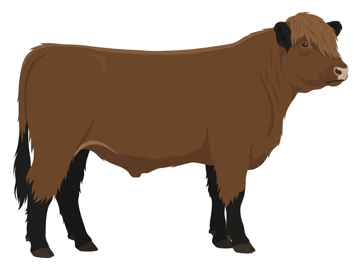 Brown with black points and a pale muzzle ring and lighter underline Highlander Steer