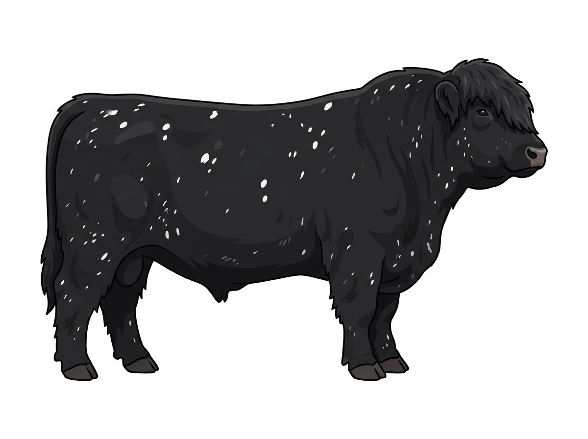 Black with a few white spots and ticking in the white Highlander Cross Bull