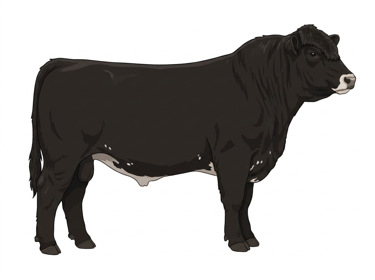 Black with a pale muzzle ring and lighter underline, a few white spots and ticking in the white Highlander Cross Bull