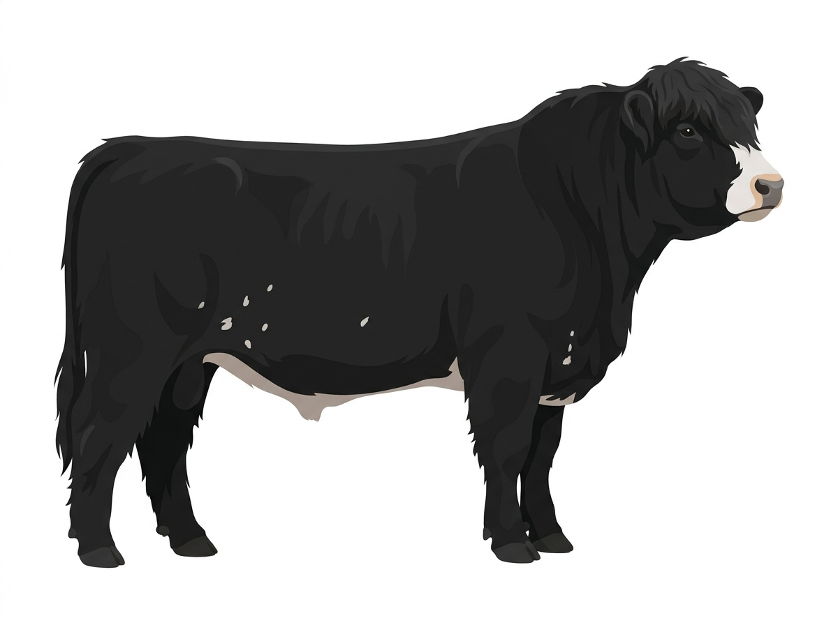 Black with a pale muzzle ring and lighter underline, a partial white face and a few white spots Highlander Cross Bull