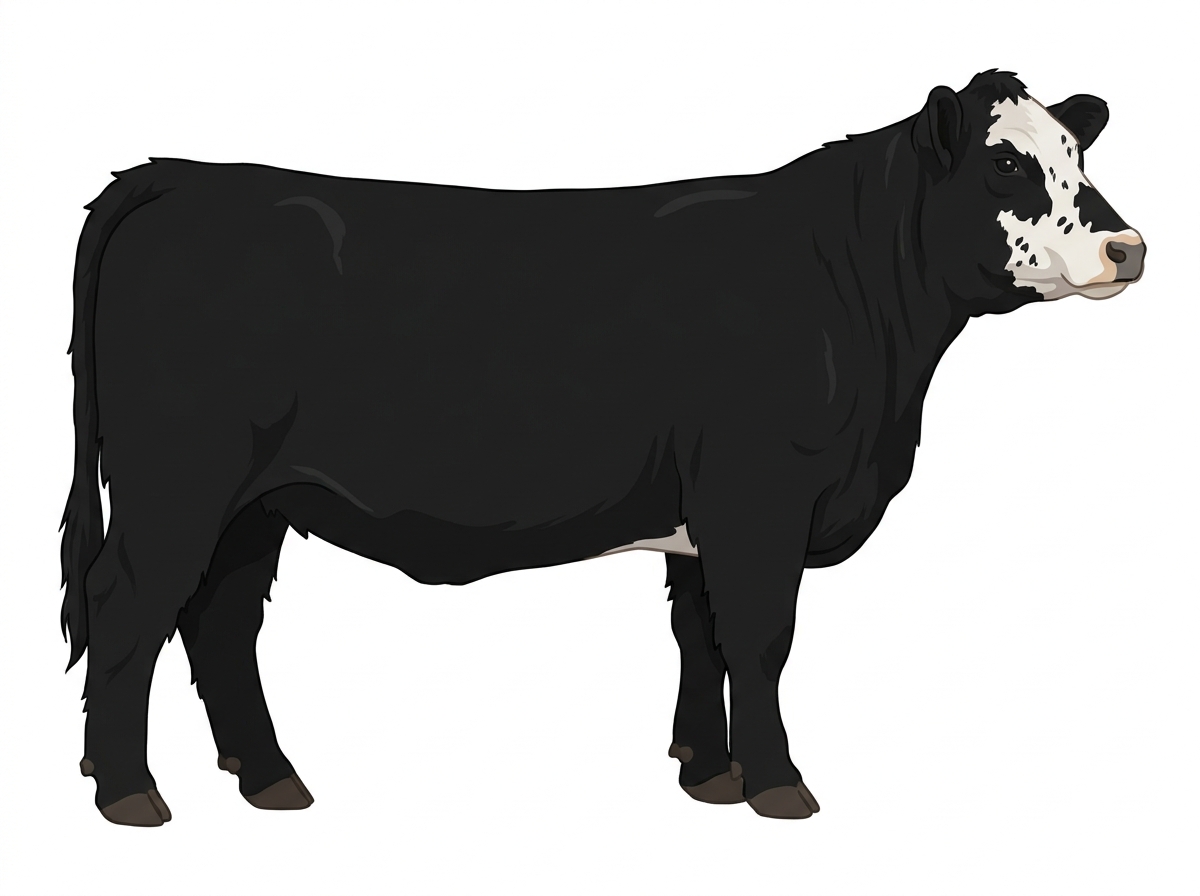Black with a pale muzzle ring and lighter underline, a partial white face and ticking in the white Highlander Cross Heifer