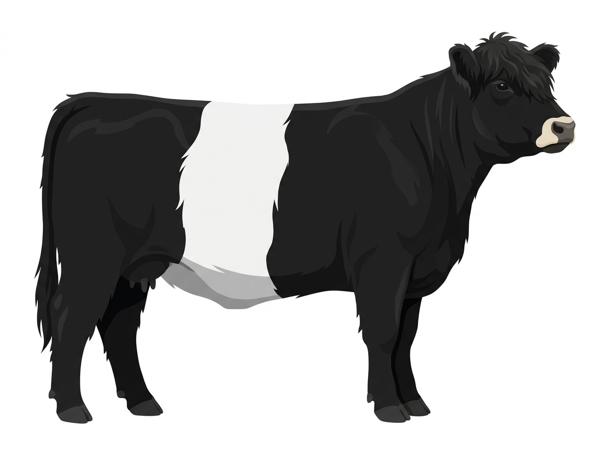 Black with a pale muzzle ring and lighter underline and a white belt around the midsection Highlander Cross Cow