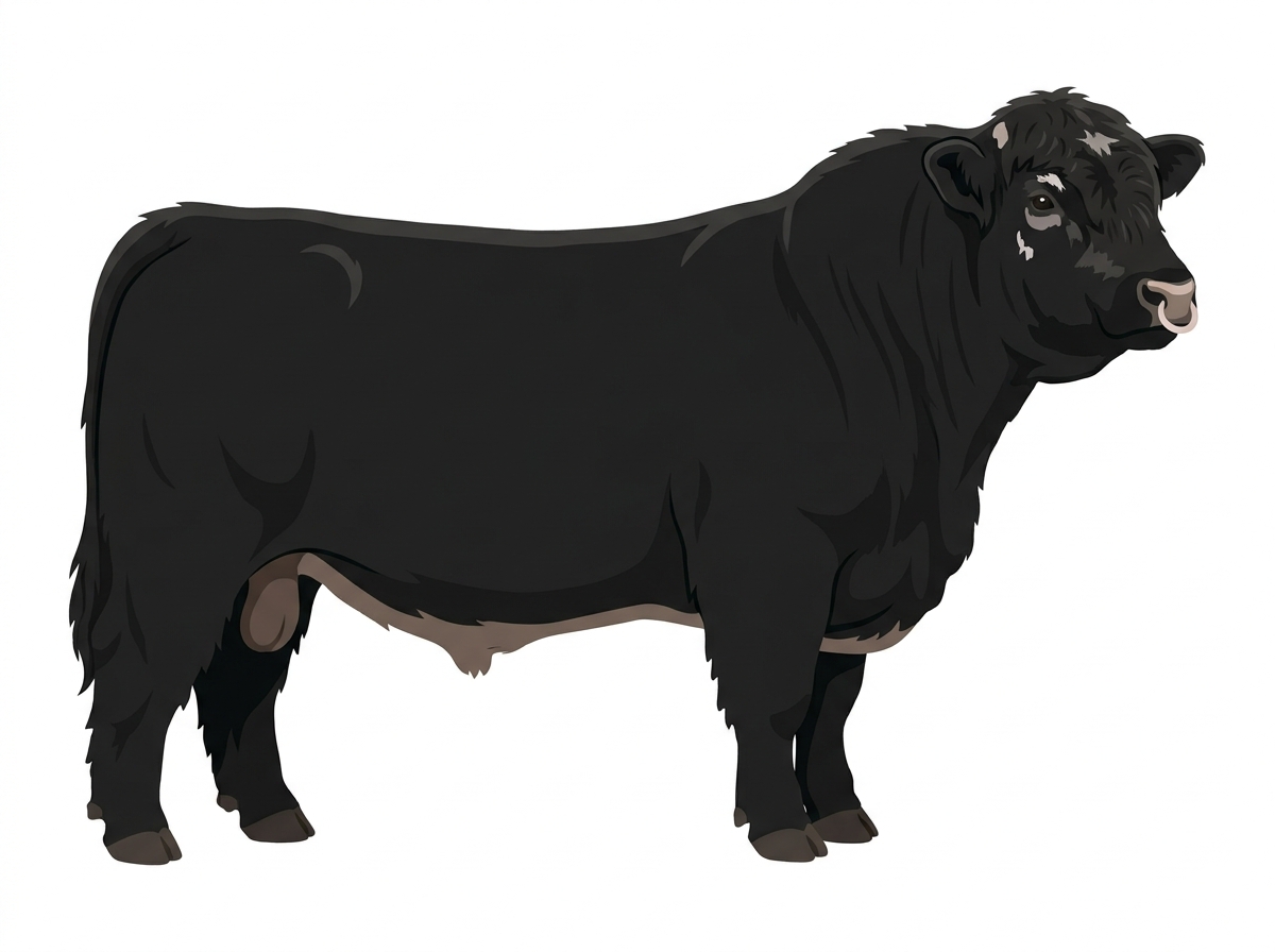 Black with a pale muzzle ring and lighter underline and minimal white face markings Highlander Cross Bull