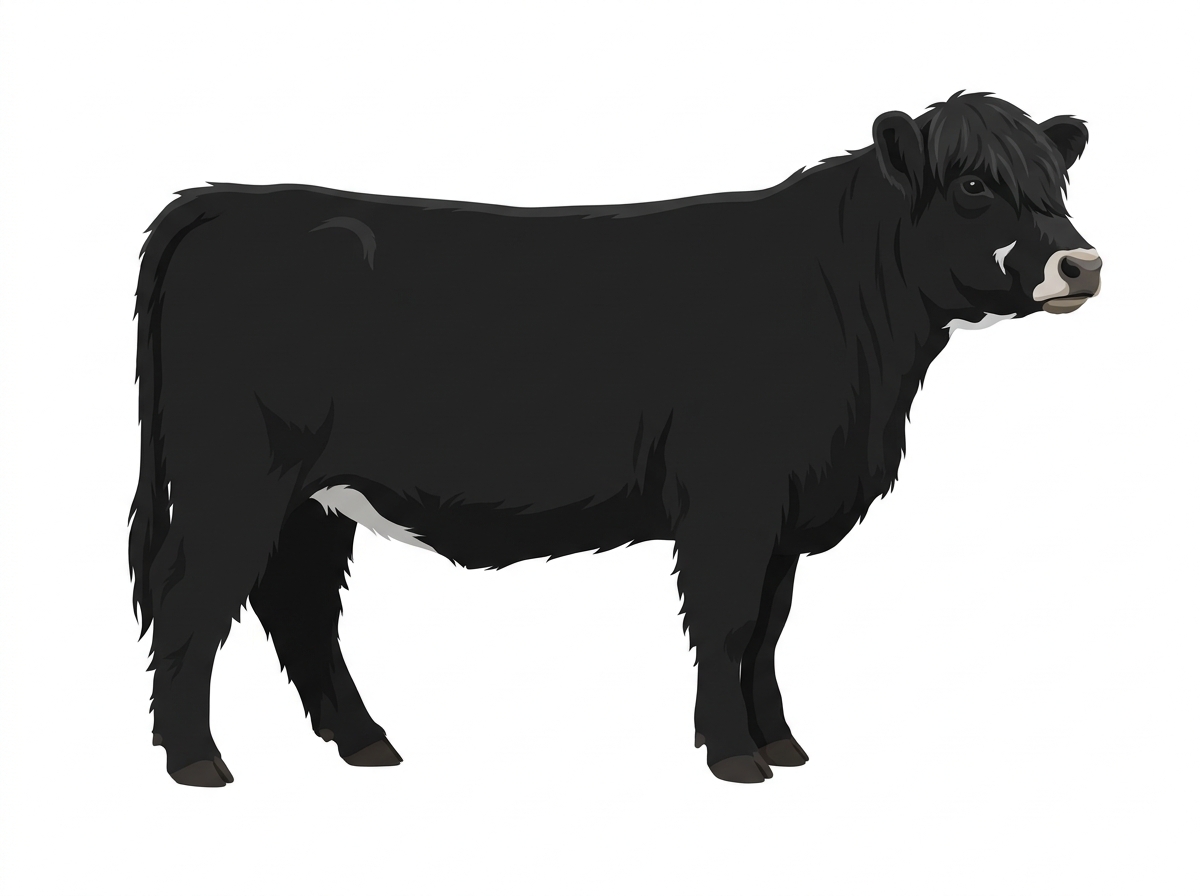 Black with a pale muzzle ring and lighter underline and minimal white face markings Highlander Cross Heifer