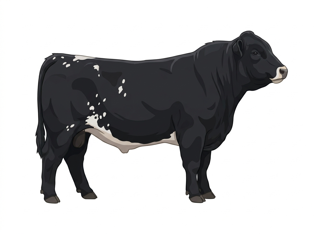 Black with a pale muzzle ring and lighter underline and white spots Highlander Cross Bull