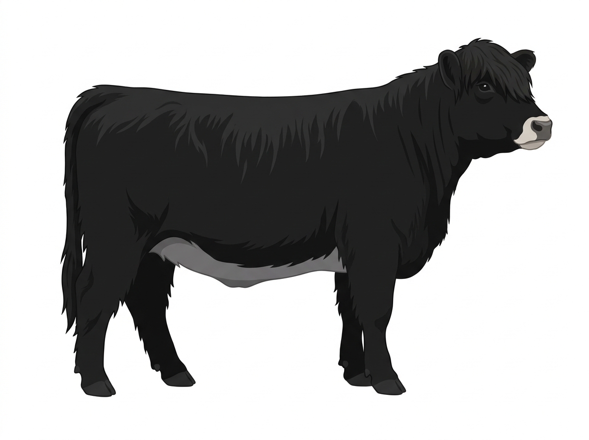 Black with a pale muzzle ring and lighter underline Highlander Cross Heifer