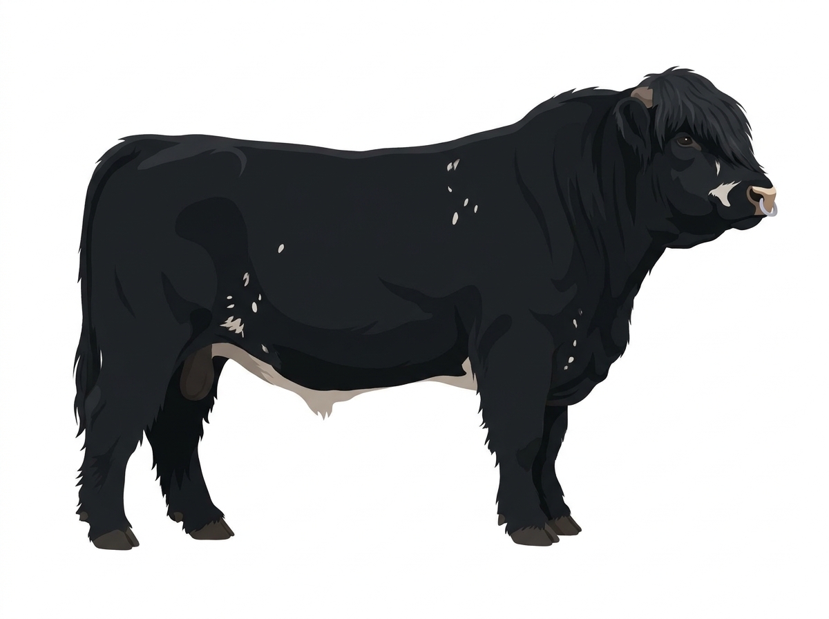 Black with a pale muzzle ring and lighter underline, minimal white face markings and white spots Highlander Cross Bull