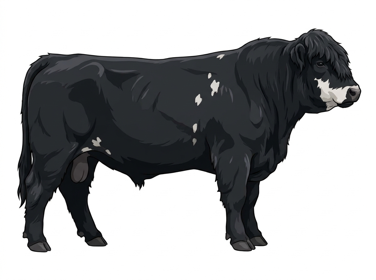 Black with a partial white face and a few white spots Highlander Cross Bull