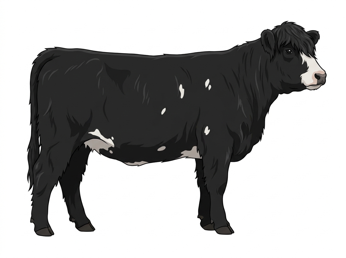 Black with a partial white face and a few white spots Highlander Cross Heifer