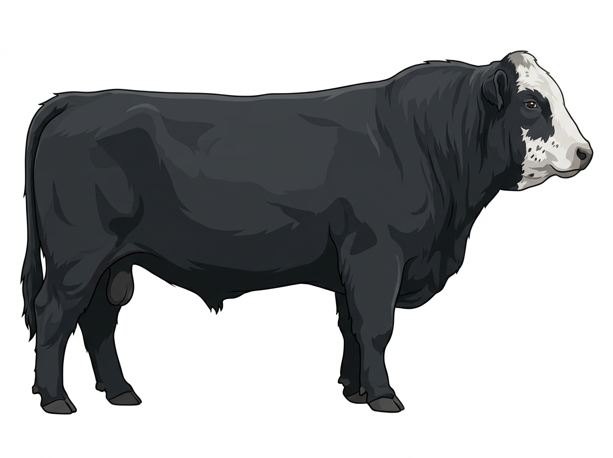 Black with a partial white face and ticking in the white Highlander Cross Bull