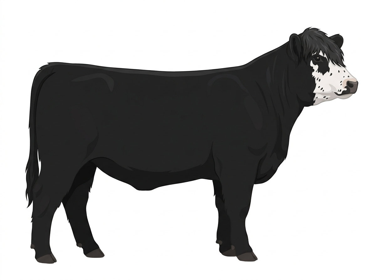 Black with a partial white face and ticking in the white Highlander Cross Heifer