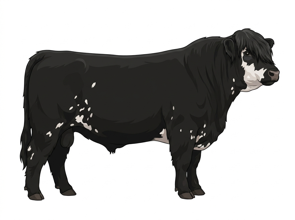 Black with a partial white face and white spots Highlander Cross Bull