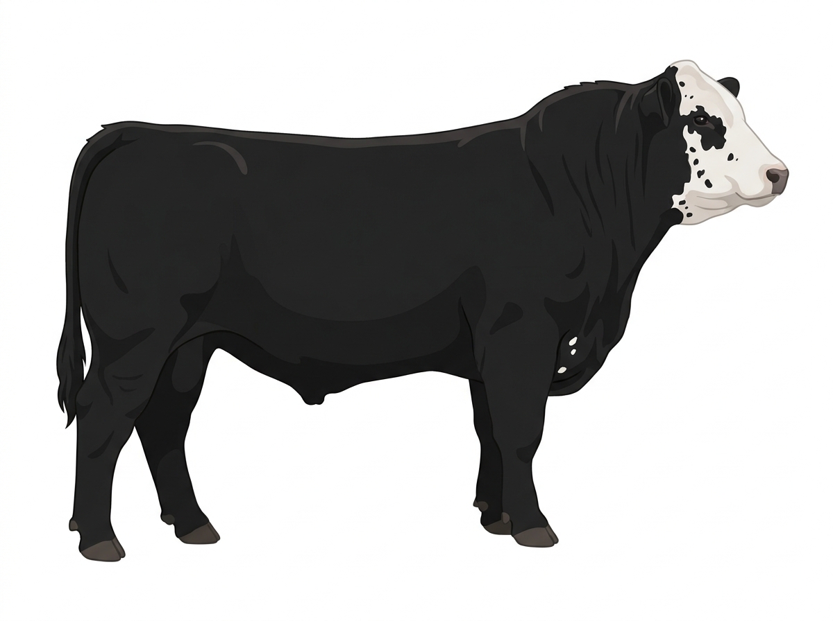 Black with a partial white face, white spots and ticking in the white Highlander Cross Bull