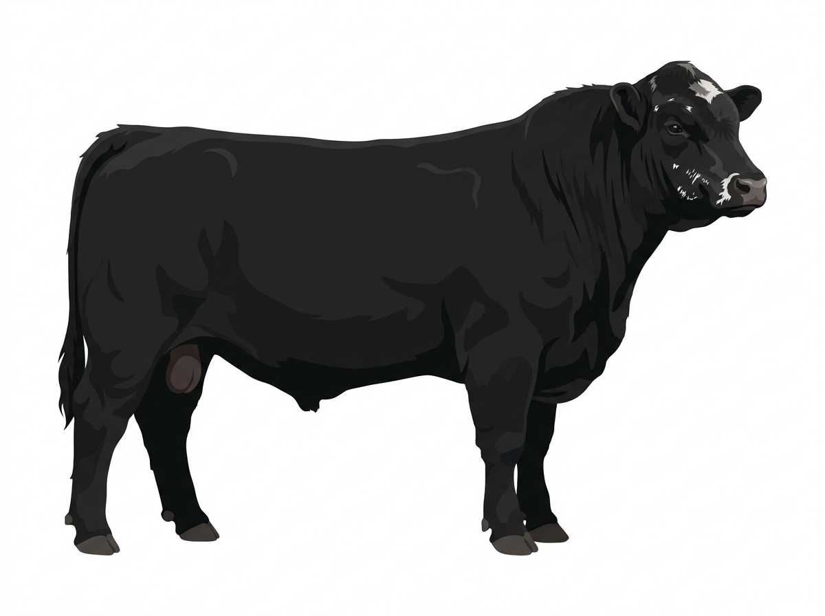 Black with minimal white face markings and ticking in the white Highlander Cross Bull