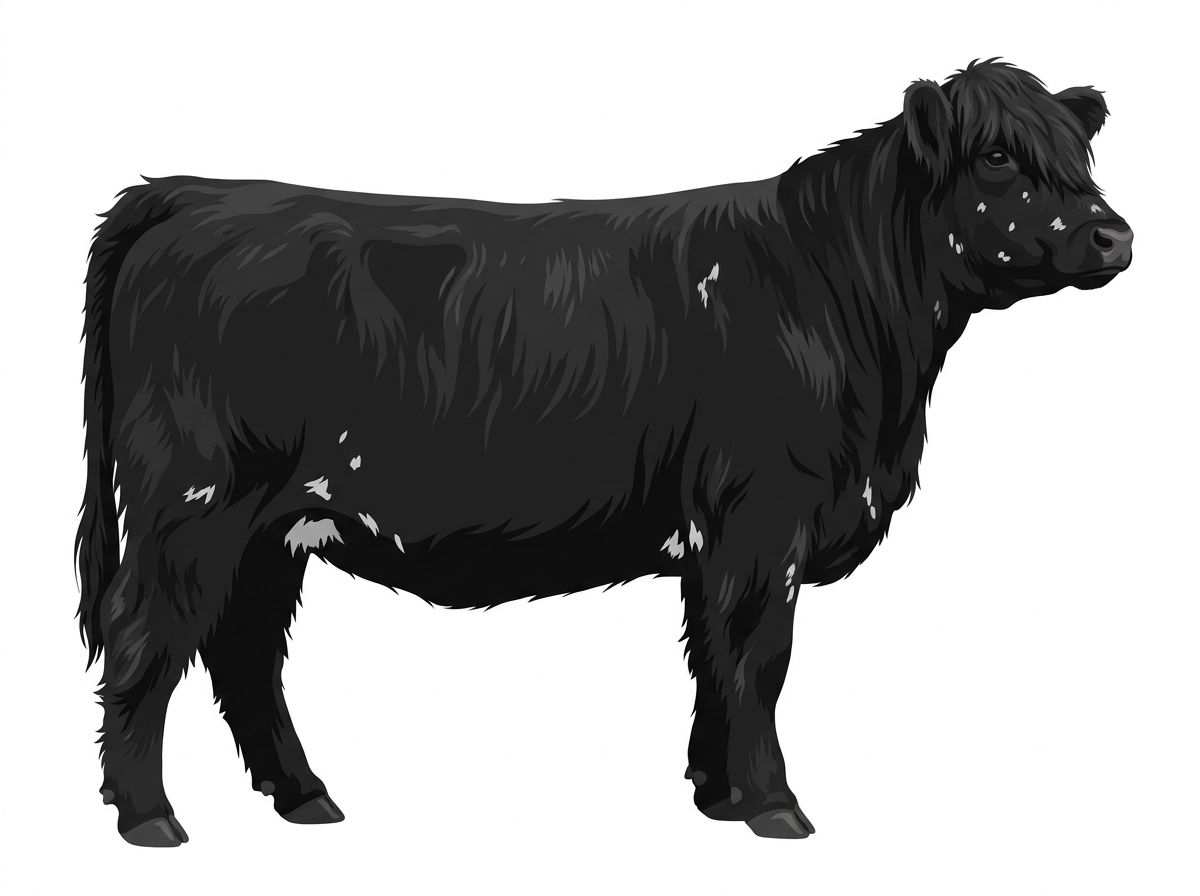 Black with minimal white face markings and white spots Highlander Cross Heifer