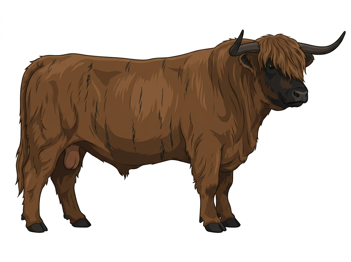Brown brindle with faint black striping and black points Highlander Cross Bull