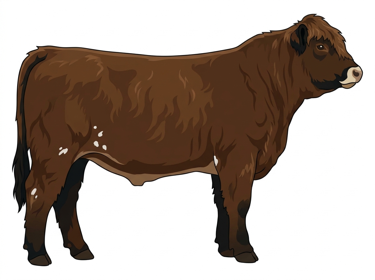 Brown with black points, a pale muzzle ring and lighter underline and a few white spots Highlander Cross Steer