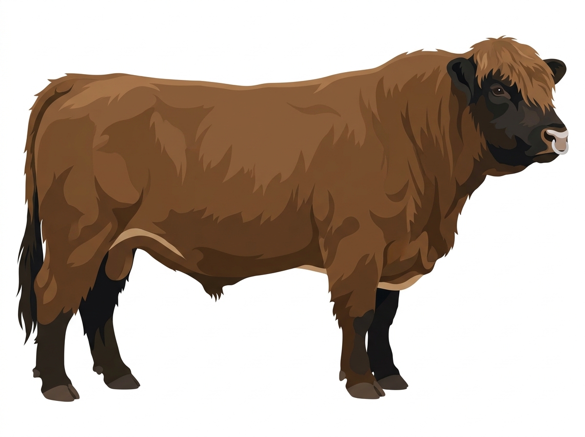 Brown with black points and a pale muzzle ring and lighter underline Highlander Cross Bull