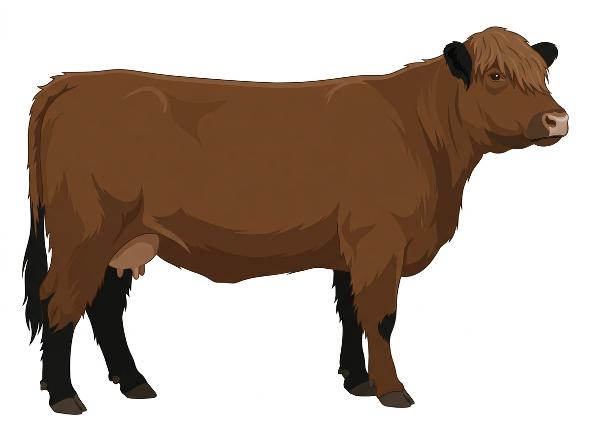 Brown with black points and a pale muzzle ring and lighter underline Highlander Cross Cow