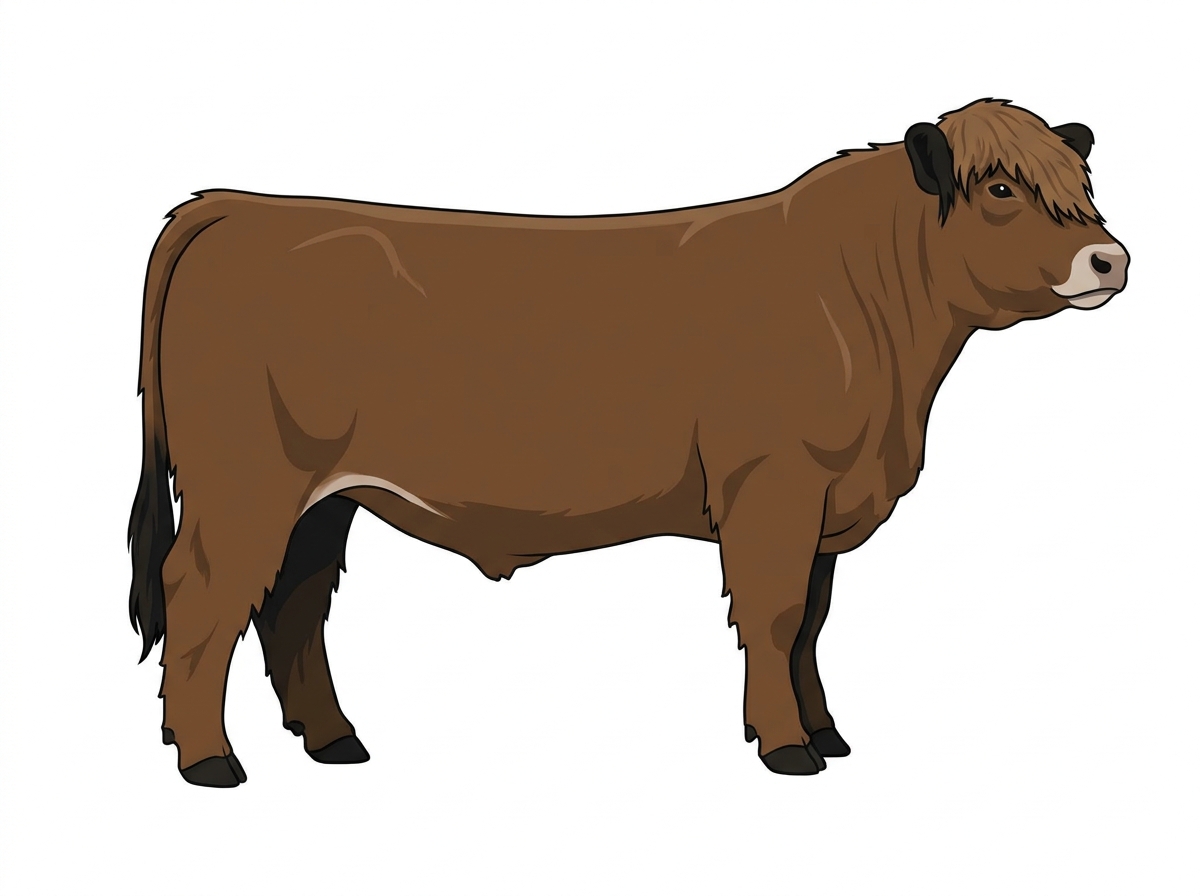 Brown with black points and a pale muzzle ring and lighter underline Highlander Cross Steer