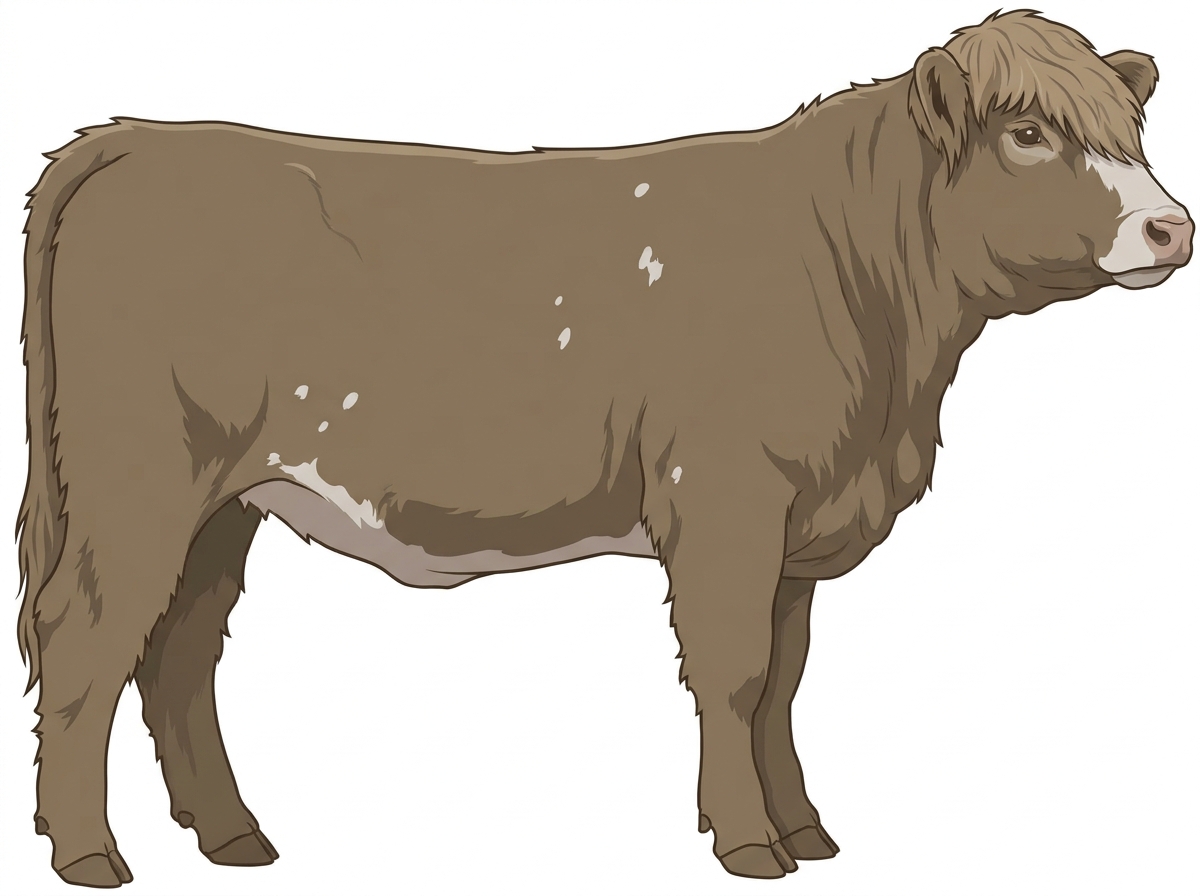 Dun with a pale muzzle ring and lighter underline, a partial white face and a few white spots Highlander Cross Heifer