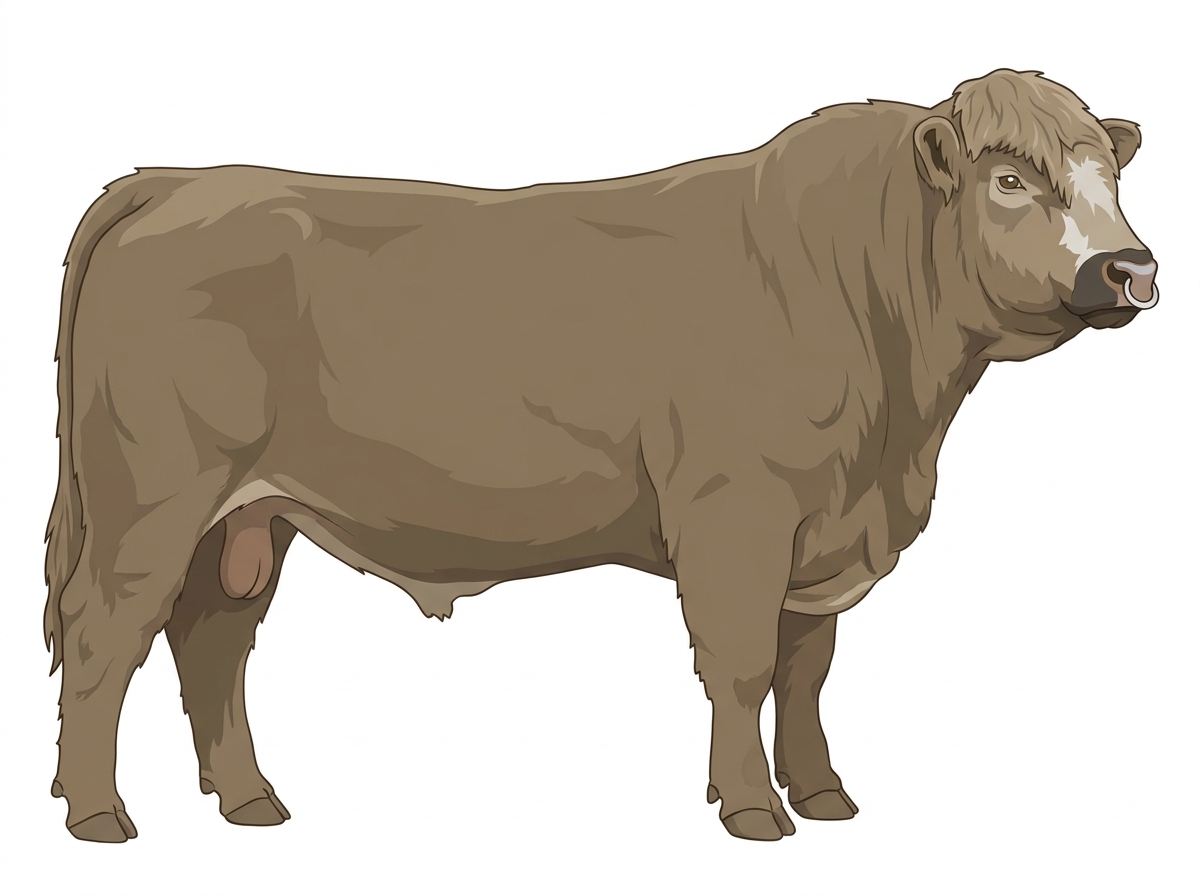 Dun with a pale muzzle ring and lighter underline and a partial white face Highlander Cross Bull